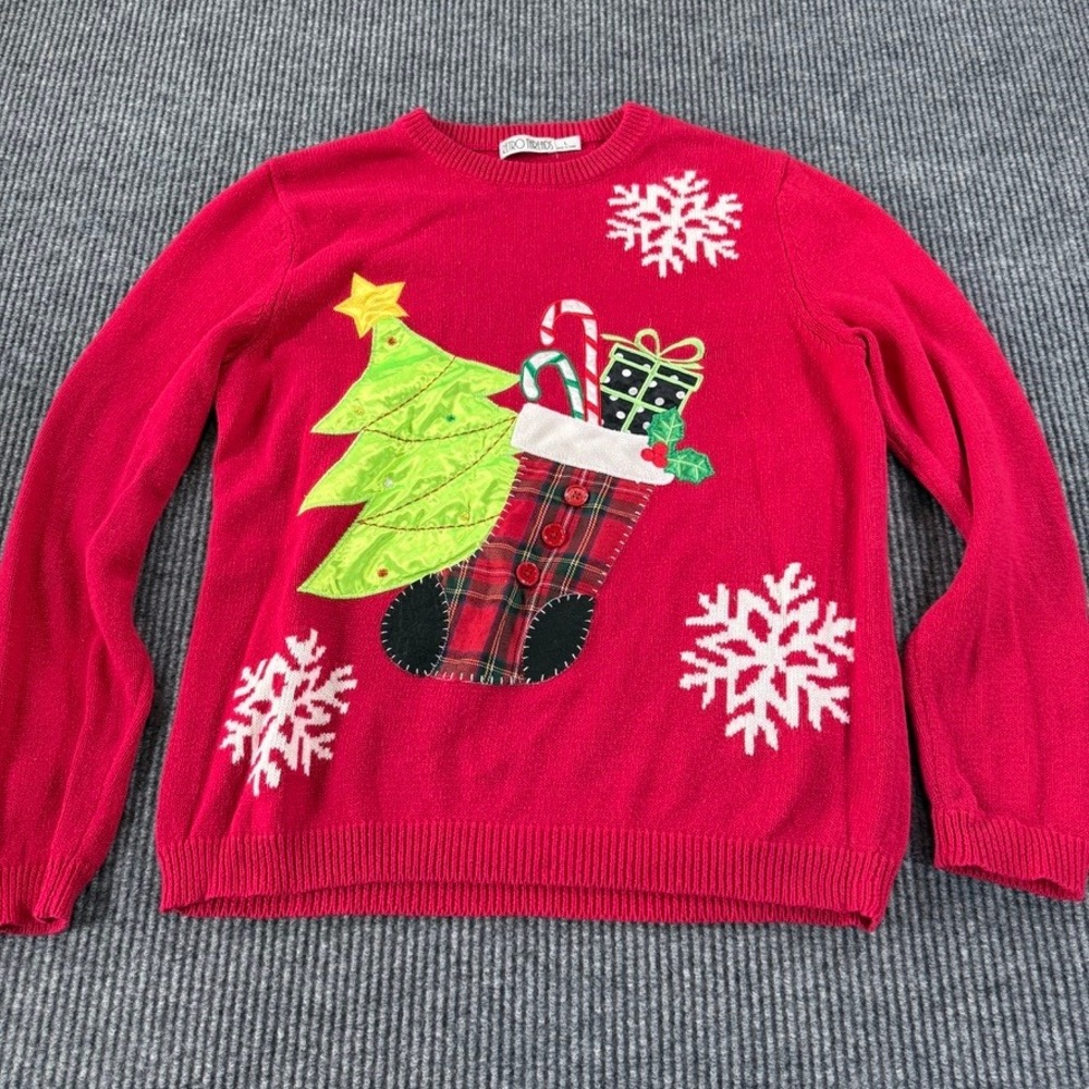 Retro Threads Christmas Sweater Large Red Patchwork Tree Stocking
